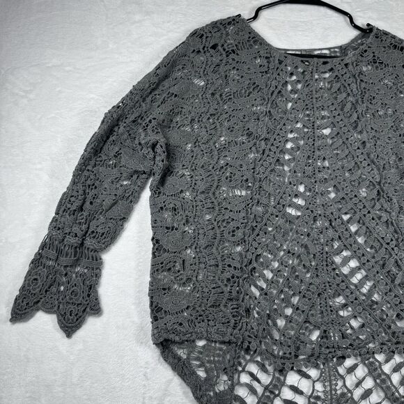 XCVI Crochet Sheer Cover-Up Pullover Tunic Top 100% Cotton Putty Gray - Picture 3 of 13